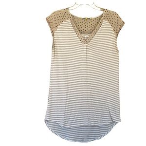 Little Yellow Button beige & white striped top with sheer patterned cap sleeves